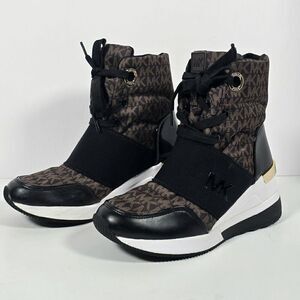 Michael Kors Liv Wedge Booties Womens 5 Black Brown‎ Monogram Soft Knit